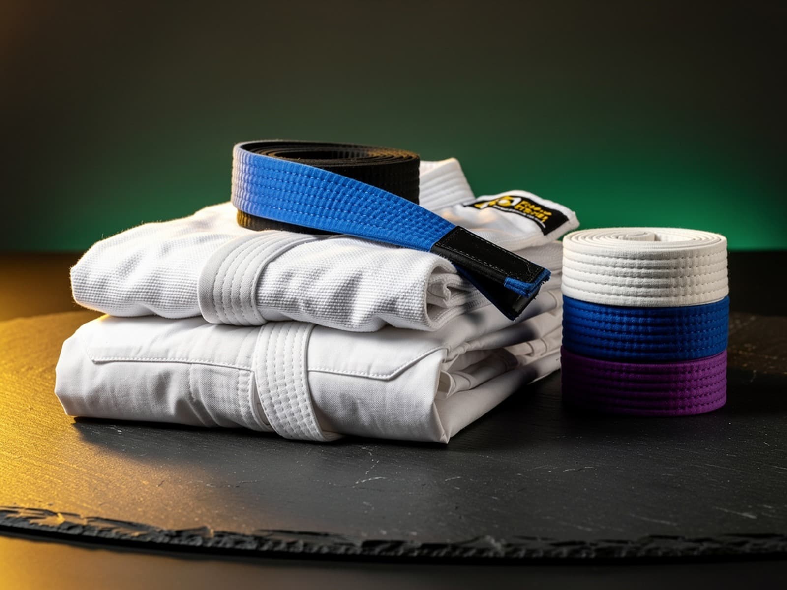 Folded white jujitsu gis with black and blue belts and a stack of rank belts: Cloud Forest jujitsu merchandise