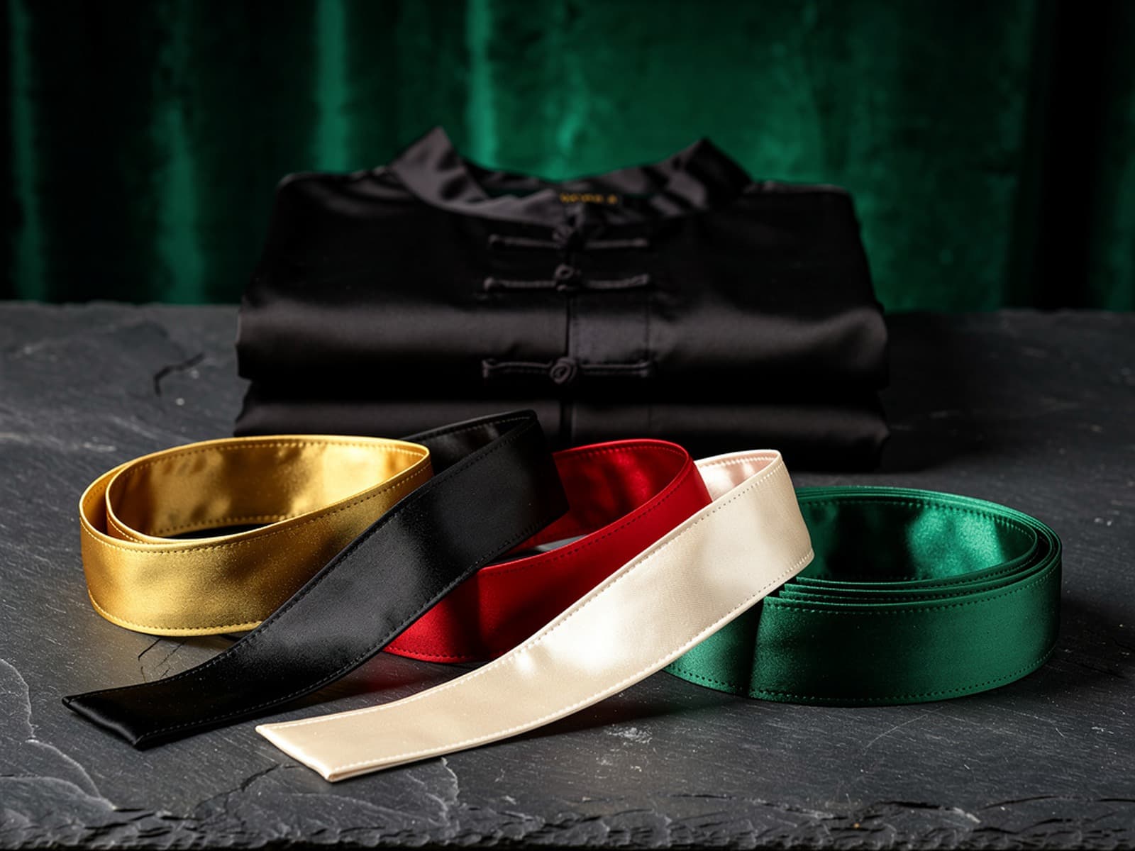 Satin sashes in gold, black, red, cream, and forest green with a folded black kung fu top: Cloud Forest kung fu merchandise