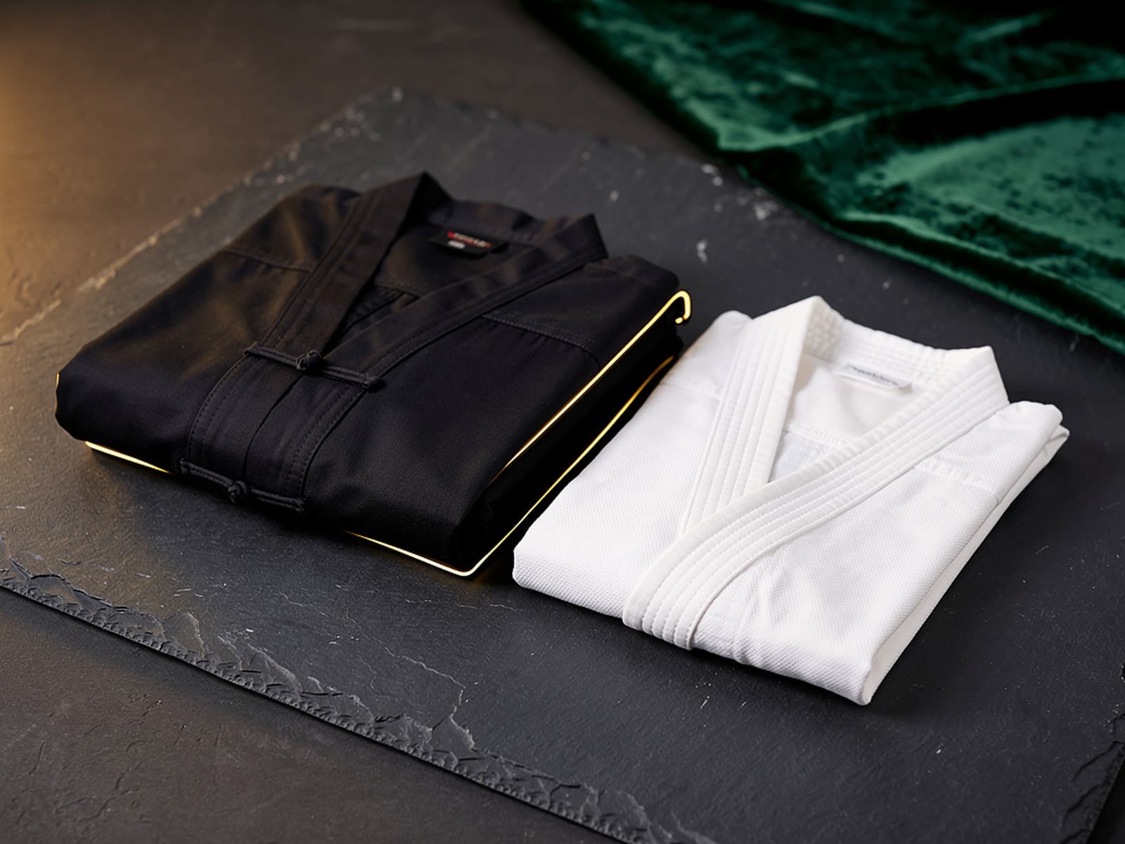 Folded black school kung fu top and white student gi on dark slate: Cloud Forest uniforms merchandise