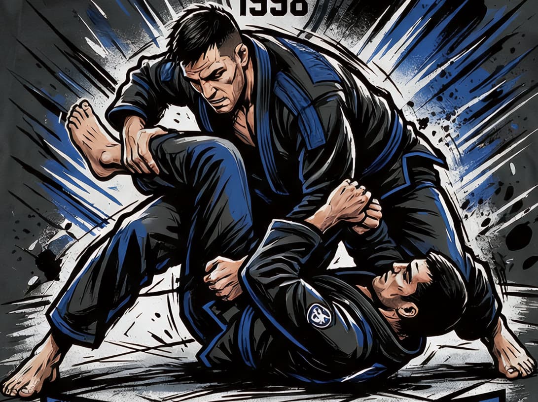 Two instructors in black kung fu uniforms practicing a standing Street Jujitsu clinch on the red mat